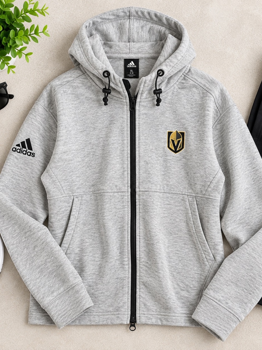 adidas Light Gray Full-Zip Performance Hoodie with Gold Logo